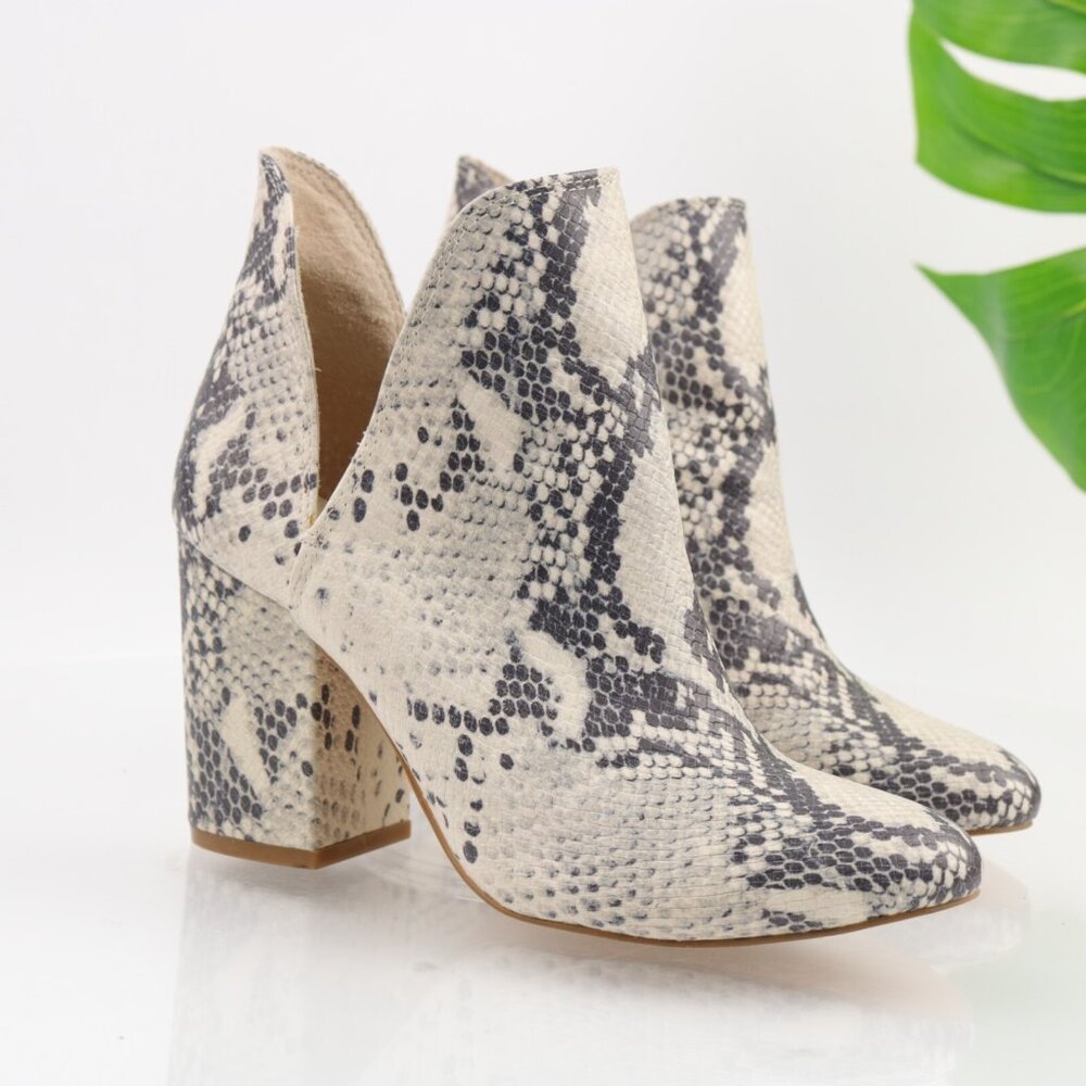 Steve Madden Womens Rookie Boot Size 7.5 Gray Tan Python Heel Bootie Side Cutout